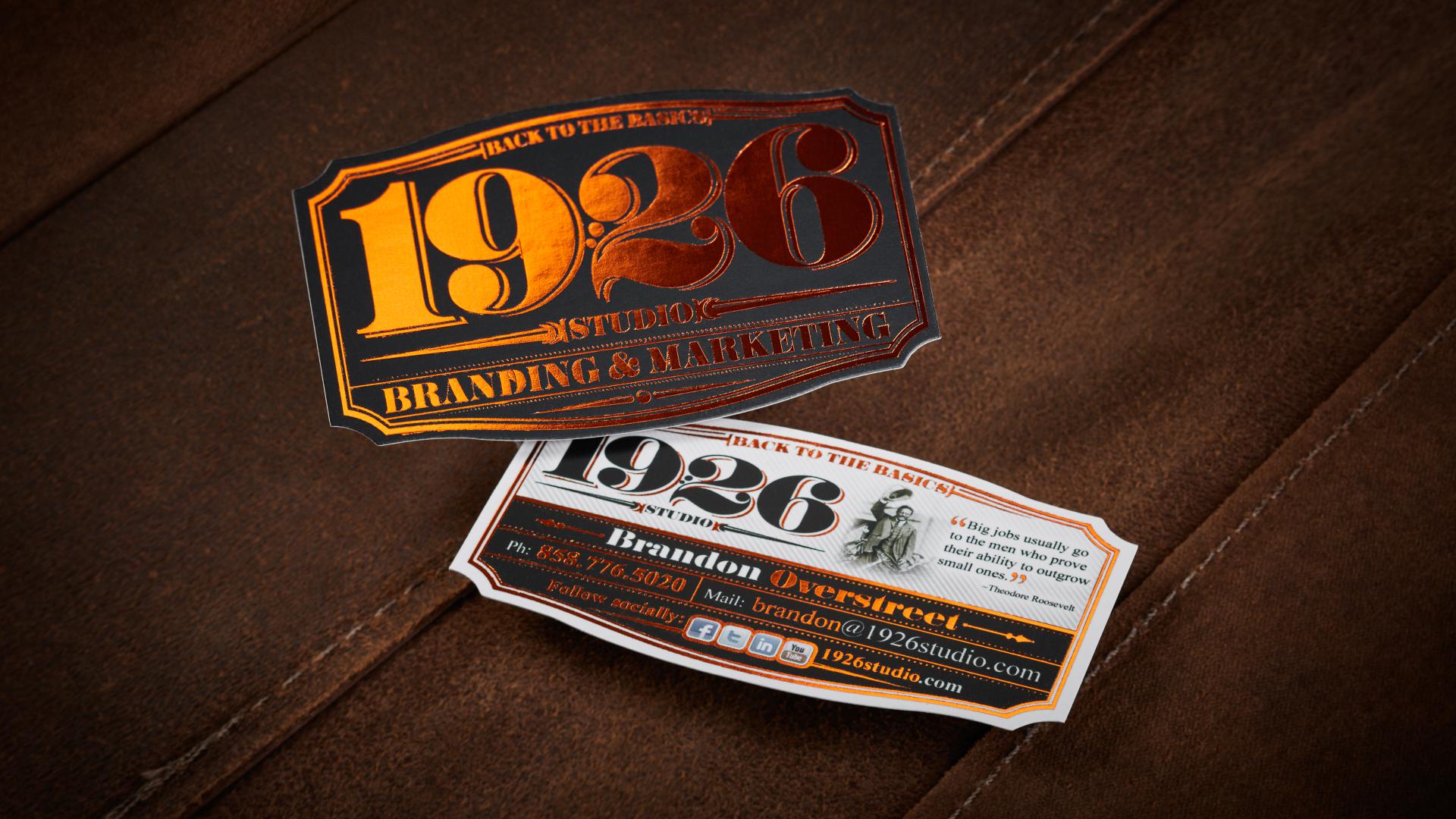 Standard weight business cards for 1926 with copper orange foil.