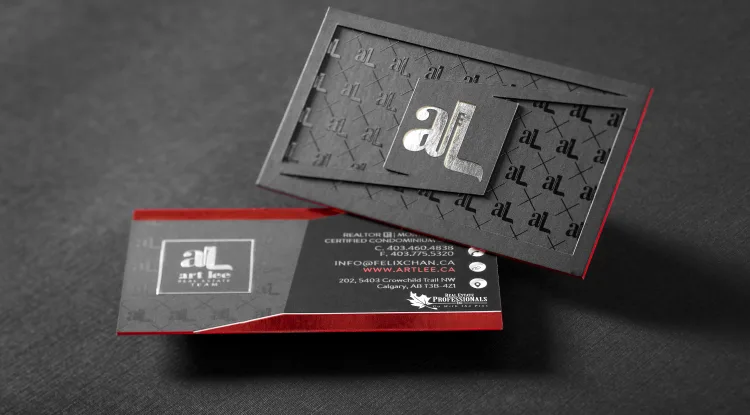 Real Estate - Art Lee - silk card 48pt, silver and red foil, spot uv, die cut,  red colored edges