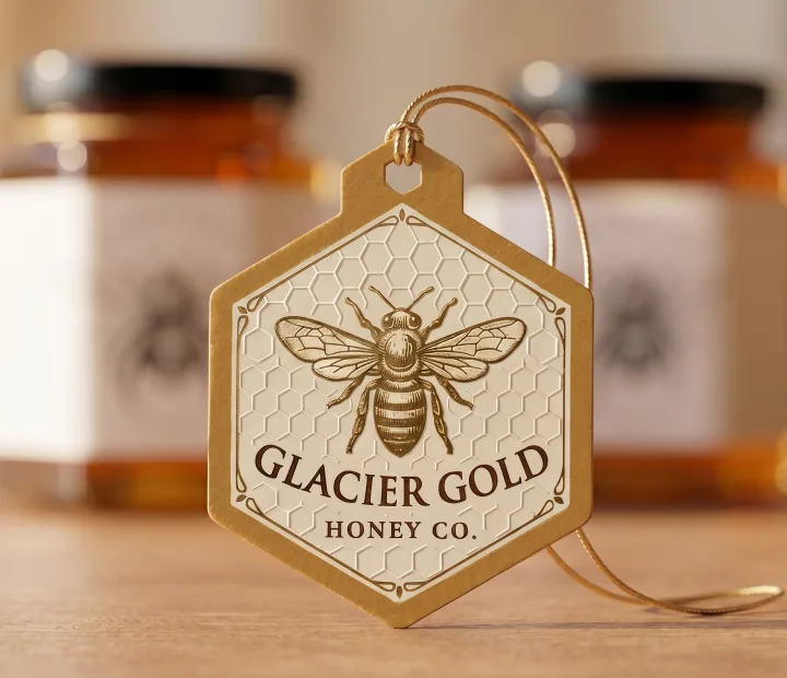 A gold hexagonal hang tag for Glacier Gold Honey Co. with a foiled bee and honeycomb illustration, strung on a gold cord in front of blurred honey jars.