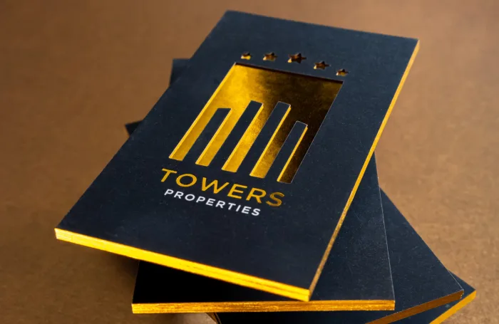 48pt suede, thick. Laser die cut, gold foil and edges. Luxury business card.