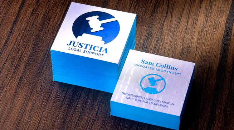 Justicia Legal Support cards featuring 32pt uncoated smooth stock, laser die cut, spot UV, navy and blue foil, and blue edges.