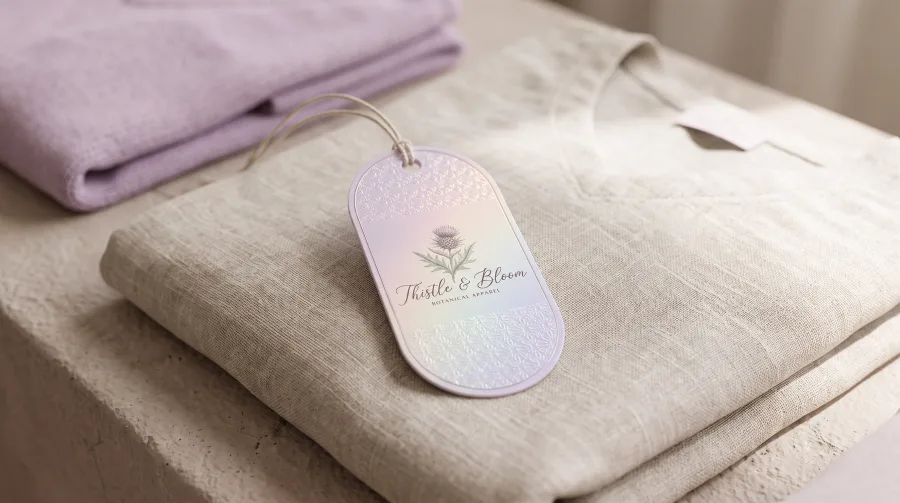 A soft lavender hang tag with a debossed thistle illustration, resting on folded linen clothing.